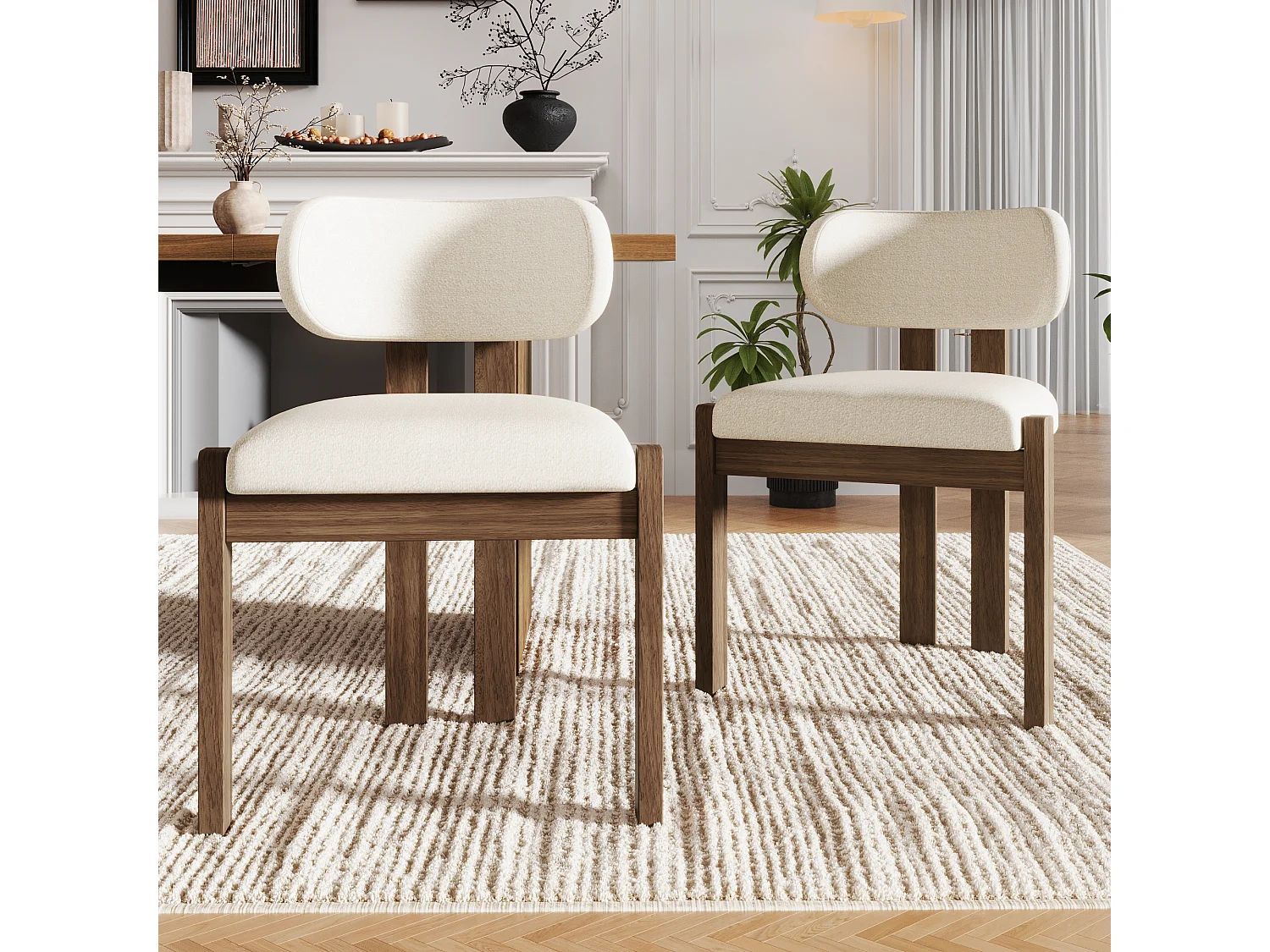Lot de 6 chaises de salle à manger en bois massif - 54 x 54 x 79 cm - Style moderne - bouclé - beige + marron