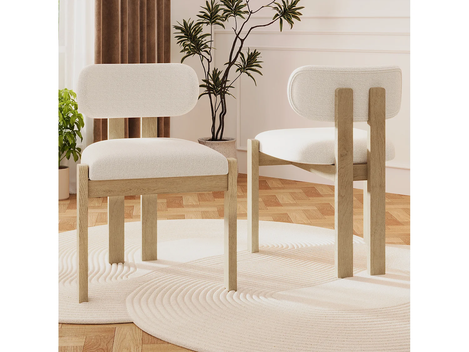 Lot de 4 chaises de salle à manger en bois massif - 54 x 54 x 79 cm - Style moderne - bouclé - beige + naturel