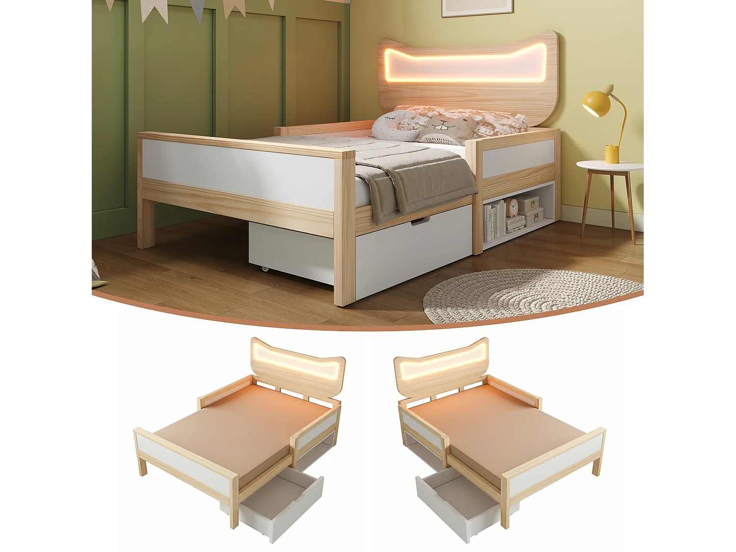 Lit enfant - 90 x 190 cm - avec tête de lit + Leds + tiroir modulable + barrières de sécurité - bois - naturel + blanc