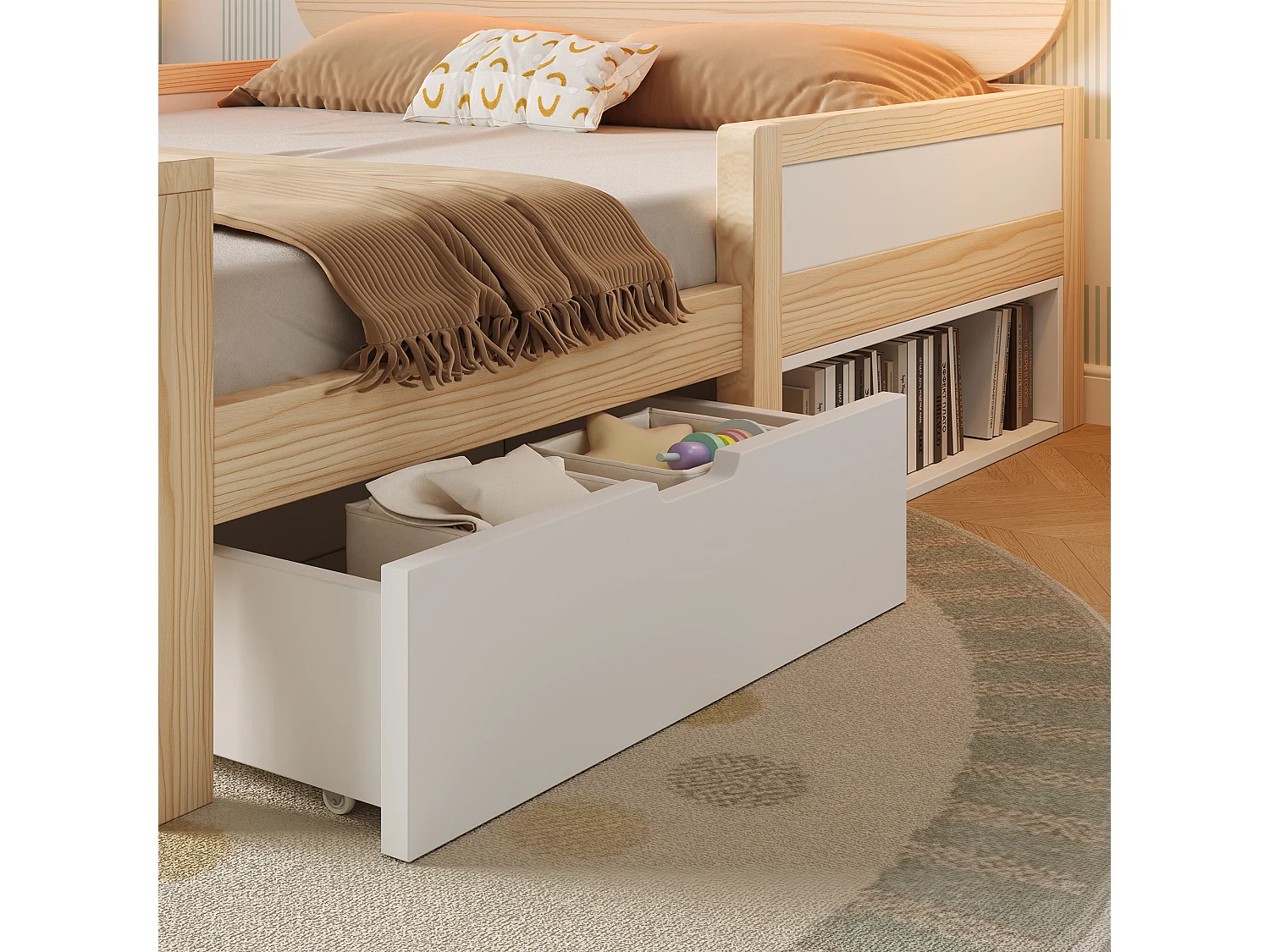 Lit enfant - 90 x 190 cm - avec tête de lit + Leds + tiroir modulable + barrières de sécurité - bois - naturel + blanc