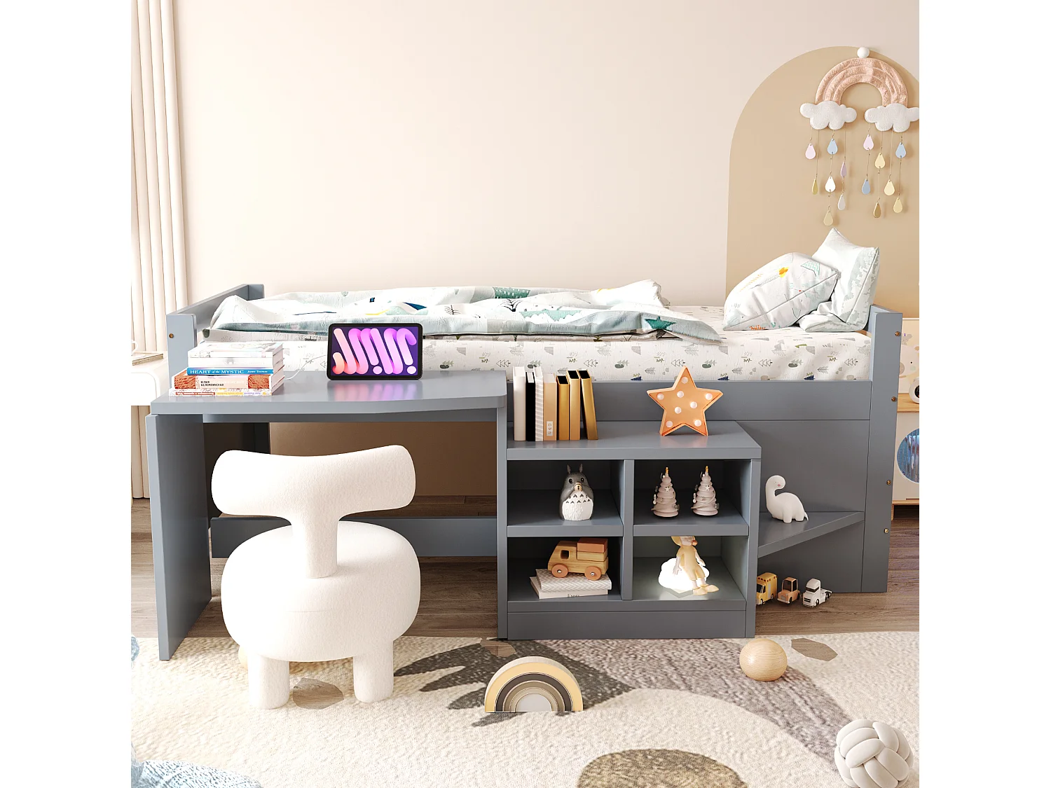 Lit enfant - 90 x 200 cm - avec rangements + bureau avec prises - bois - gris