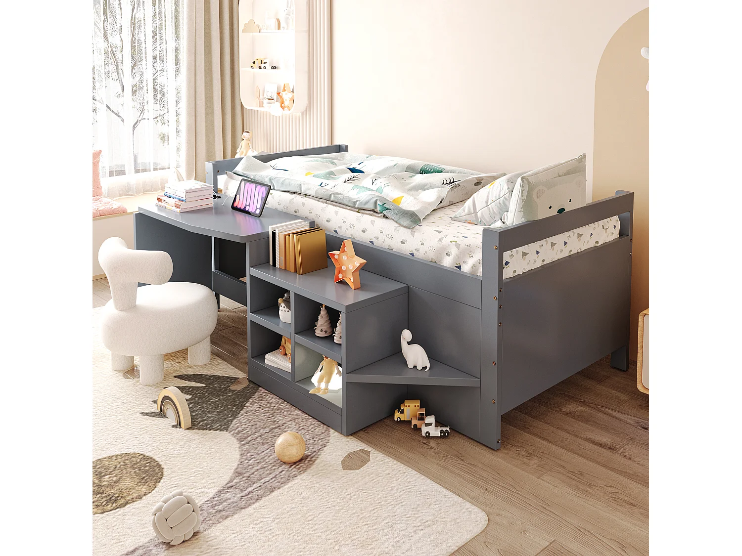 Lit enfant - 90 x 200 cm - avec rangements + bureau avec prises - bois - gris