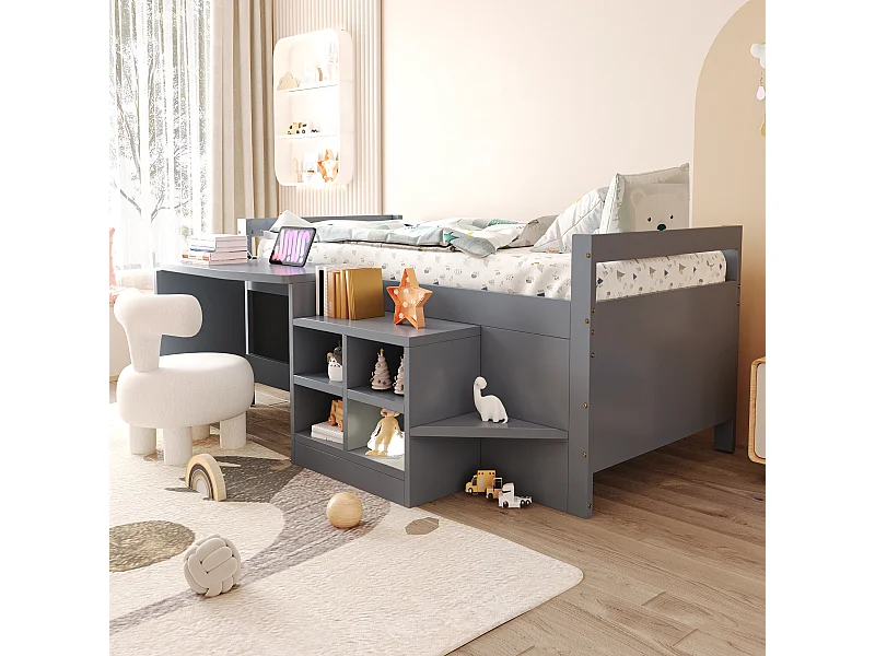 Lit enfant - 90 x 200 cm - avec rangements + bureau avec prises - bois - gris
