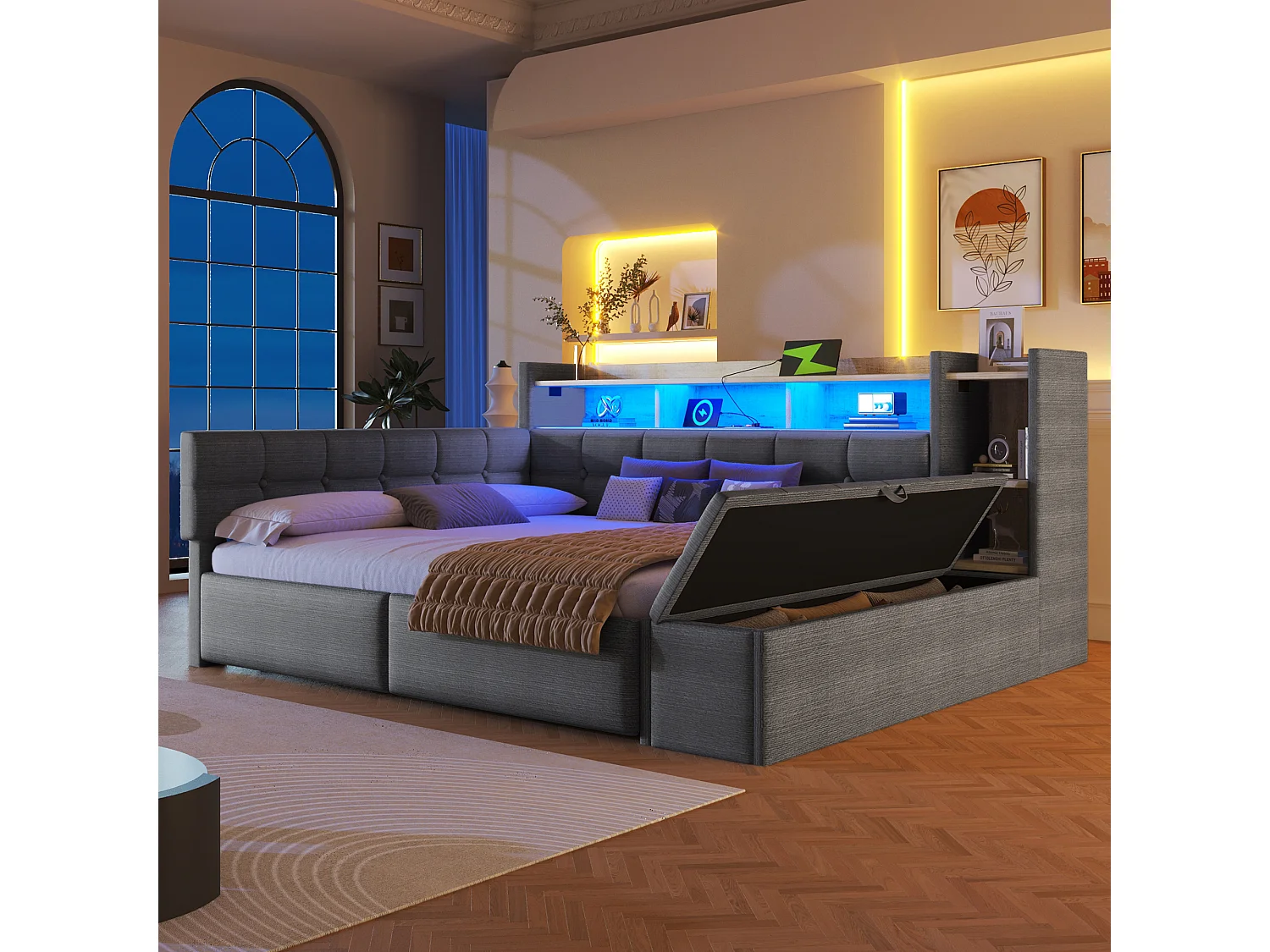 Canapé-lit pour enfant - 140 x 190 cm - avec 2 tiroirs + USB et Type-C + étagère + banquette de rangement + Leds - velours - gris foncé