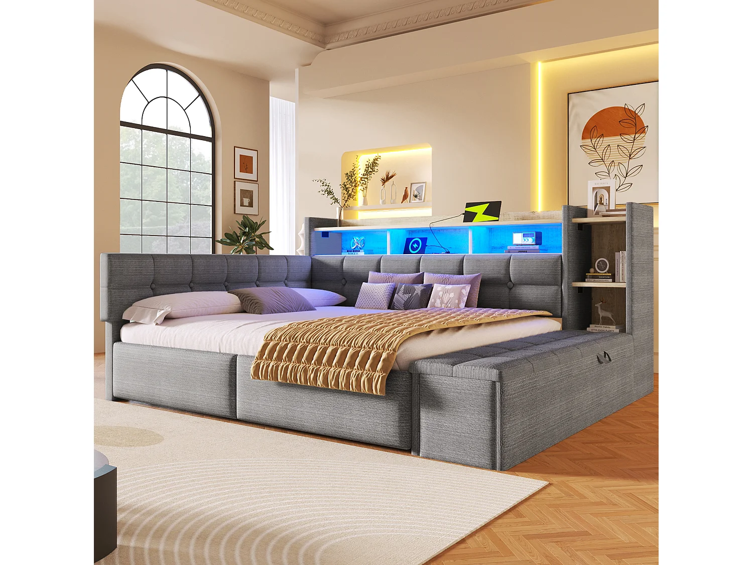 Canapé-lit pour enfant - 140 x 190 cm - avec 2 tiroirs + USB et Type-C + étagère + banquette de rangement + Leds - velours - gris foncé