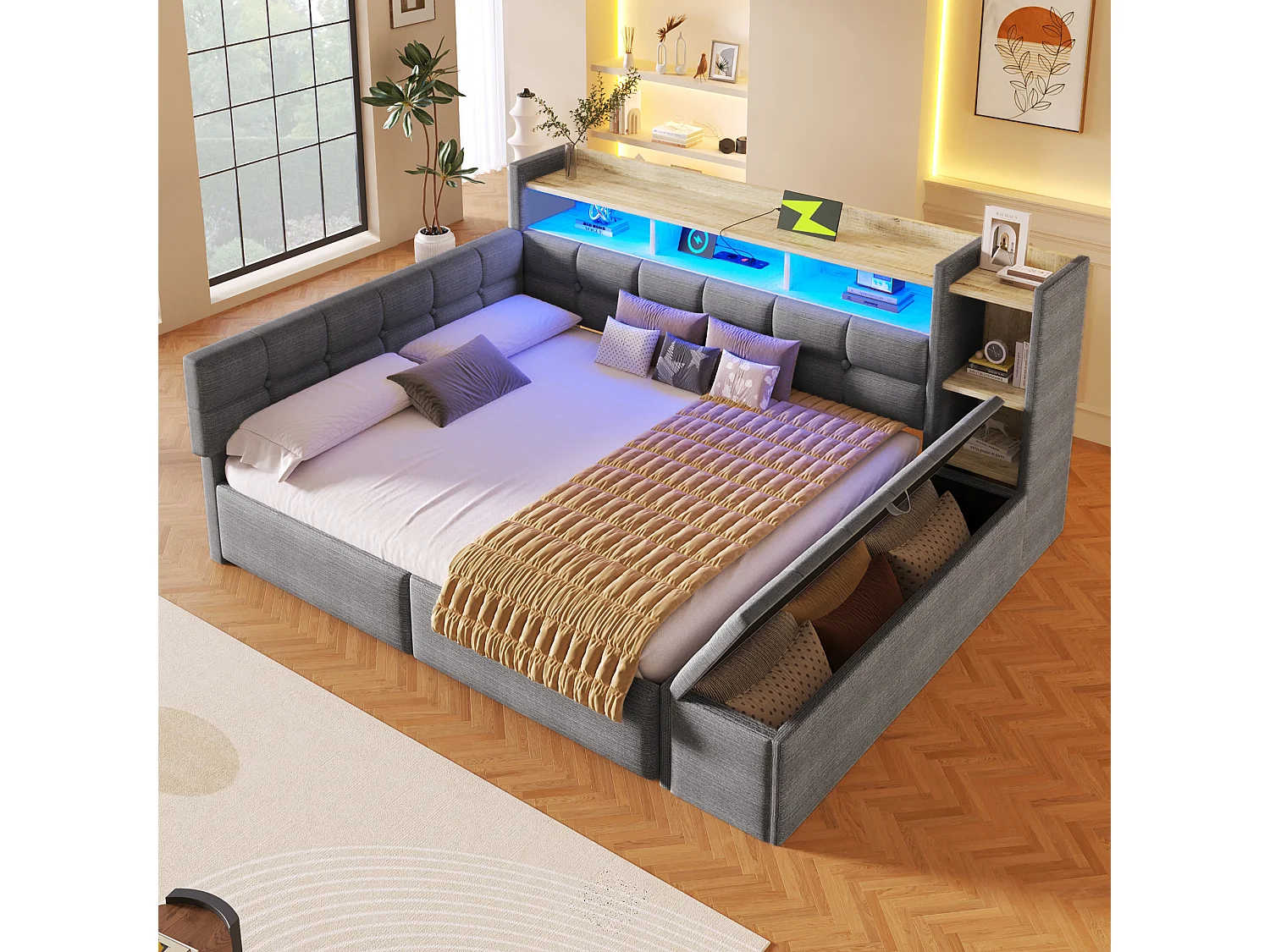 Canapé-lit pour enfant - 140 x 190 cm - avec 2 tiroirs + USB et Type-C + étagère + banquette de rangement + Leds - velours - gris foncé