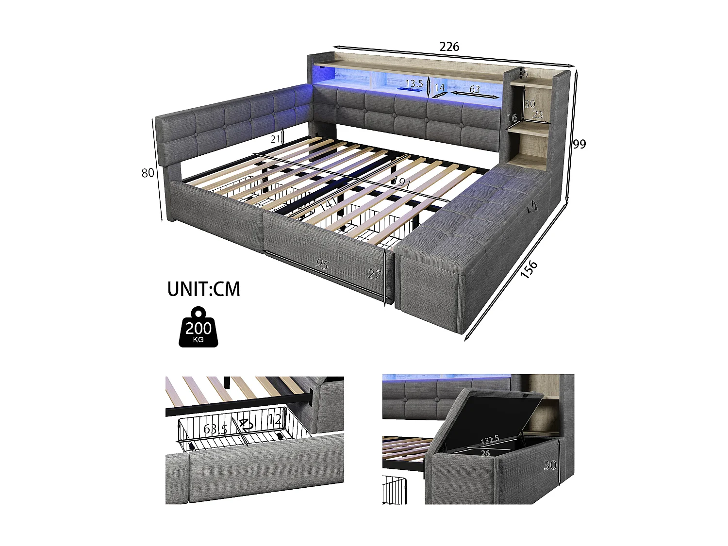 Canapé-lit pour enfant - 140 x 190 cm - avec 2 tiroirs + USB et Type-C + étagère + banquette de rangement + Leds - velours - gris foncé