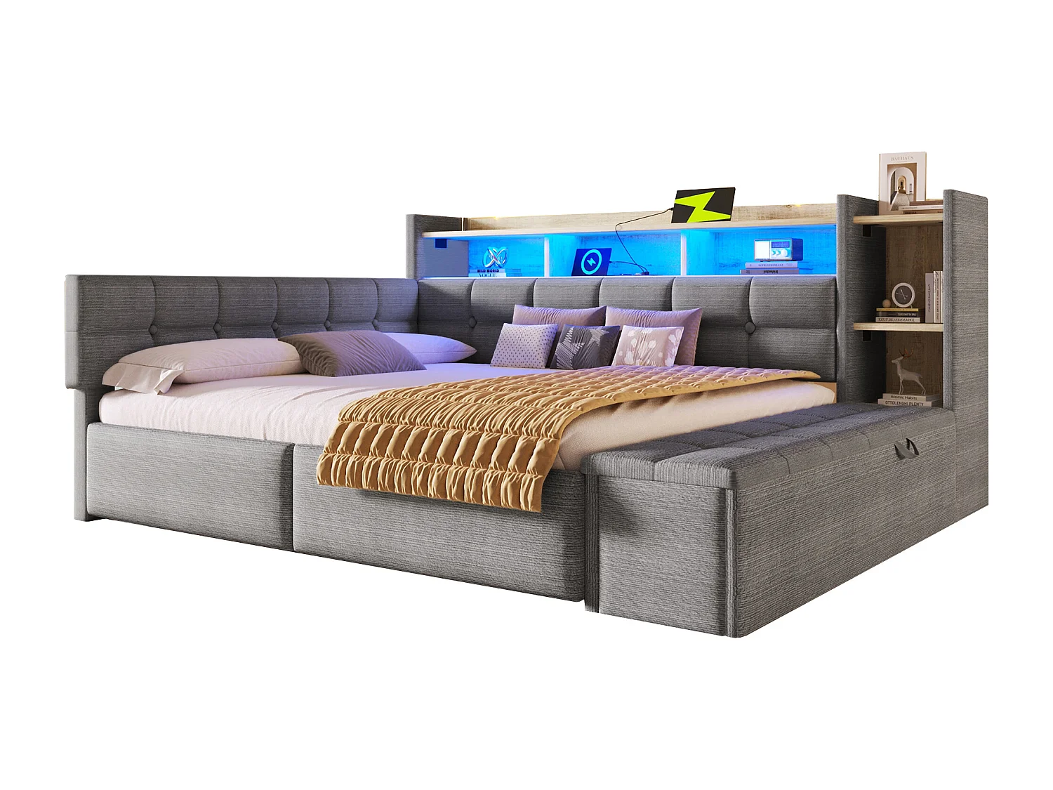 Canapé-lit pour enfant - 140 x 190 cm - avec 2 tiroirs + USB et Type-C + étagère + banquette de rangement + Leds - velours - gris foncé