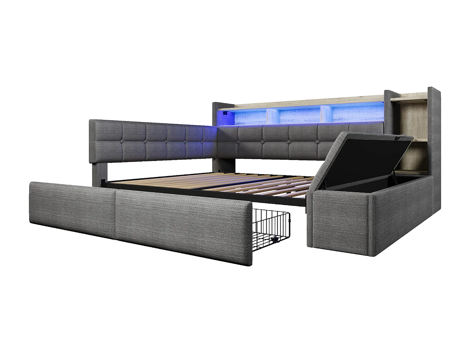 Canapé-lit pour enfant - 140 x 190 cm - avec 2 tiroirs + USB et Type-C + étagère + banquette de rangement + Leds - velours - gris foncé