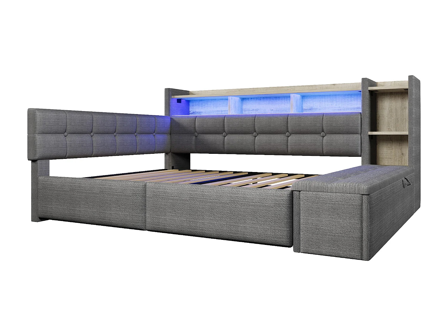 Canapé-lit pour enfant - 140 x 190 cm - avec 2 tiroirs + USB et Type-C + étagère + banquette de rangement + Leds - velours - gris foncé