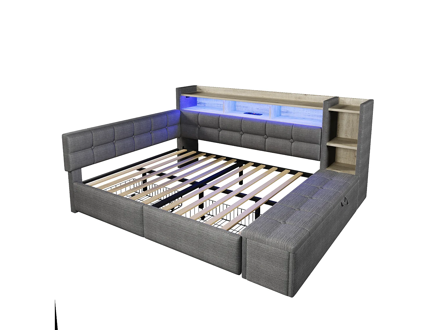 Canapé-lit pour enfant - 140 x 190 cm - avec 2 tiroirs + USB et Type-C + étagère + banquette de rangement + Leds - velours - gris foncé