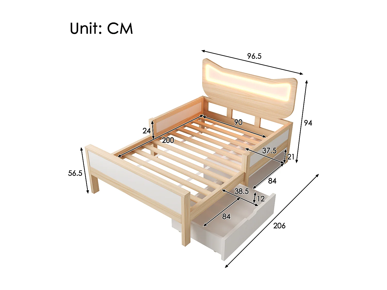 Lit enfant - 90 x 200 cm - avec tête de lit + Leds + tiroir modulable + barrières de sécurité - bois - naturel + blanc