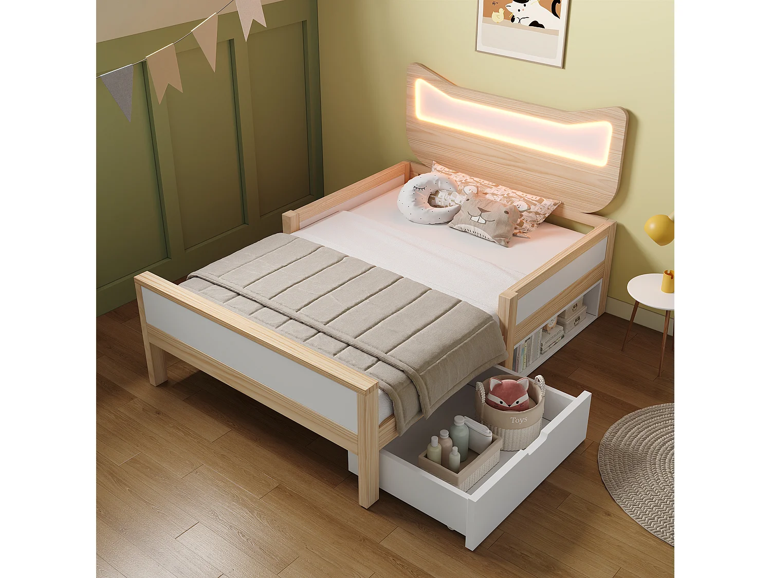 Lit enfant - 90 x 200 cm - avec tête de lit + Leds + tiroir modulable + barrières de sécurité - bois - naturel + blanc