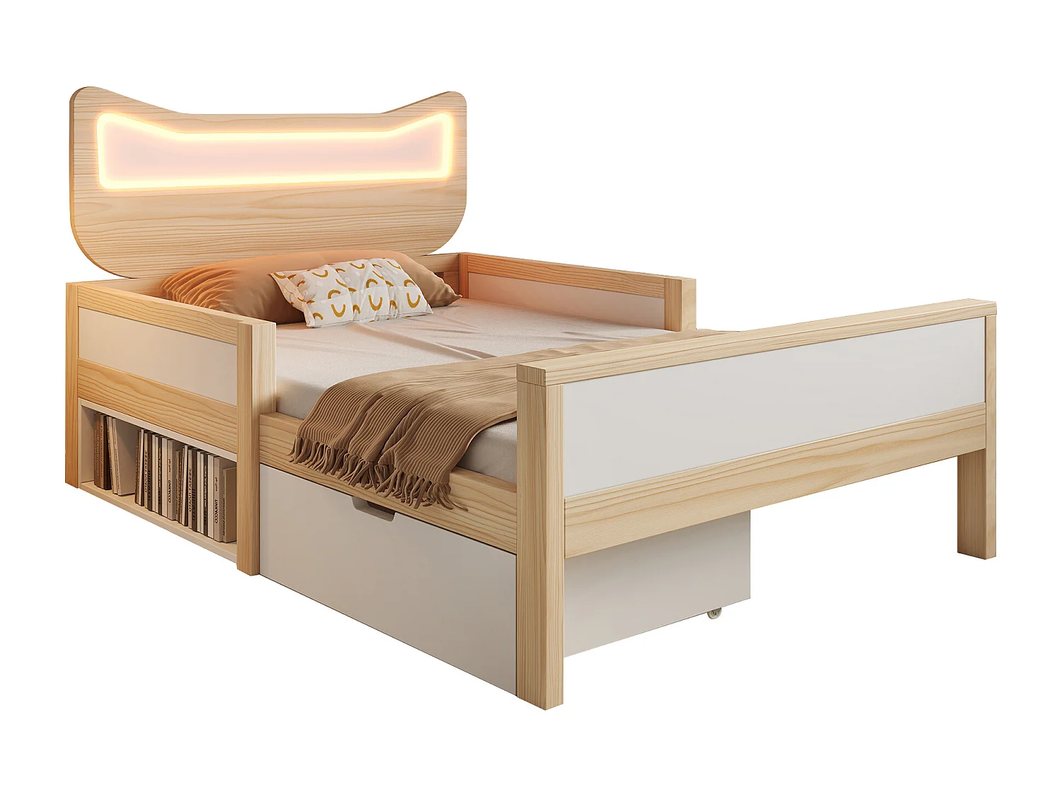 Lit enfant - 90 x 200 cm - avec tête de lit + Leds + tiroir modulable + barrières de sécurité - bois - naturel + blanc