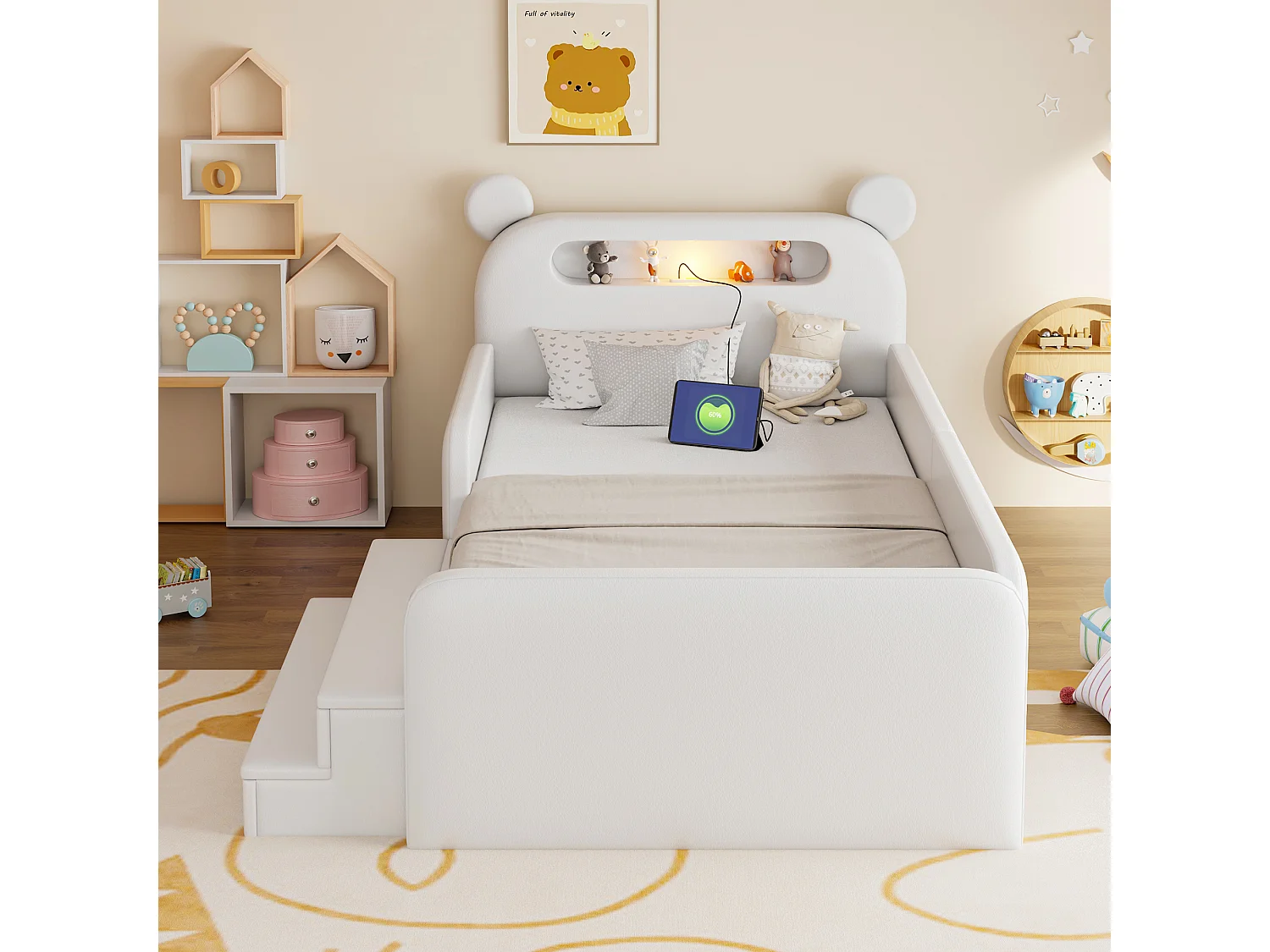 Lit enfant capitonné - 90 x 200 cm - avec tête de lit + veilleuse + USB + tiroir + siège marchepied - faux cuir - blanc