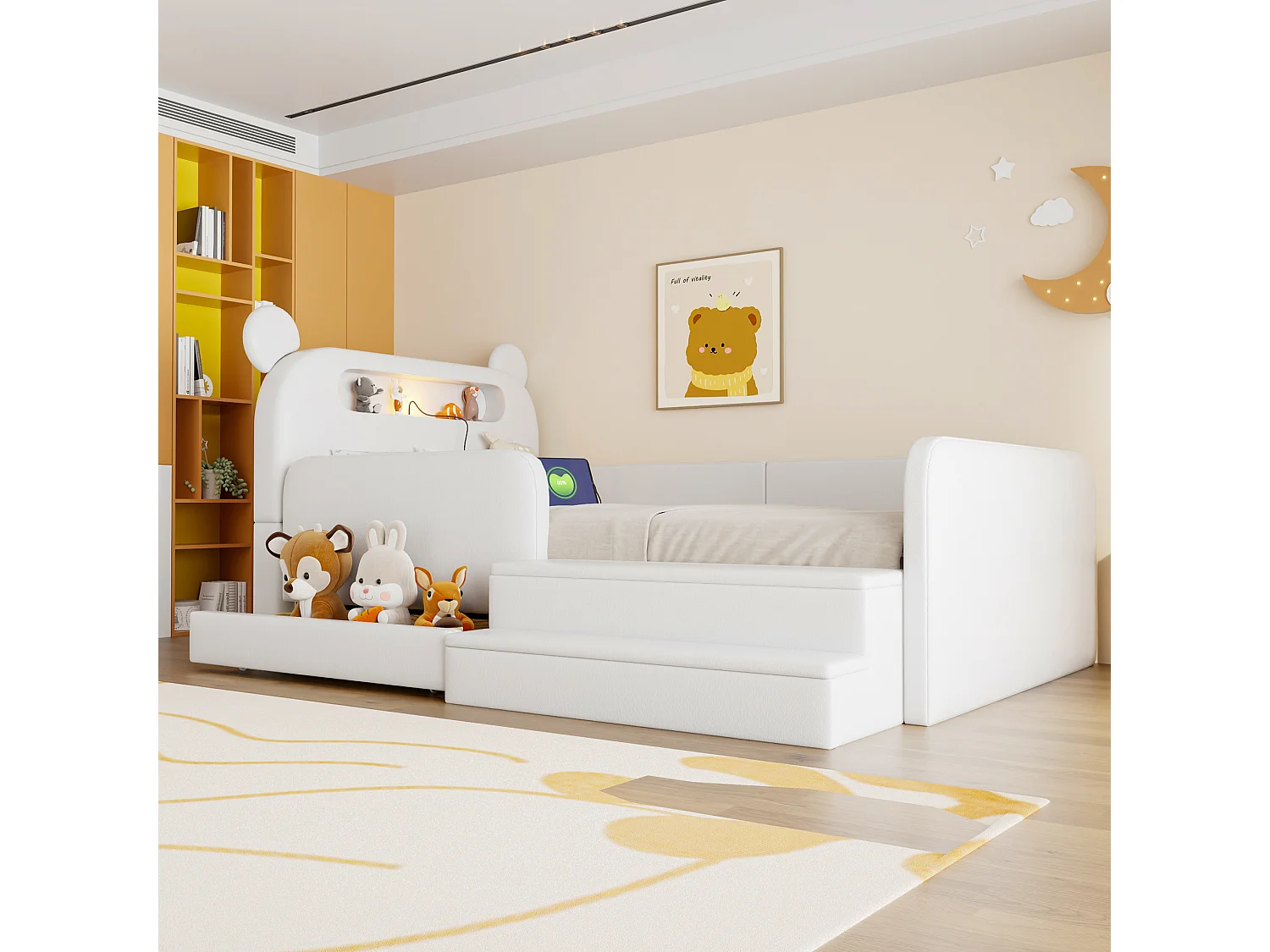 Lit enfant capitonné - 90 x 200 cm - avec tête de lit + veilleuse + USB + tiroir + siège marchepied - faux cuir - blanc