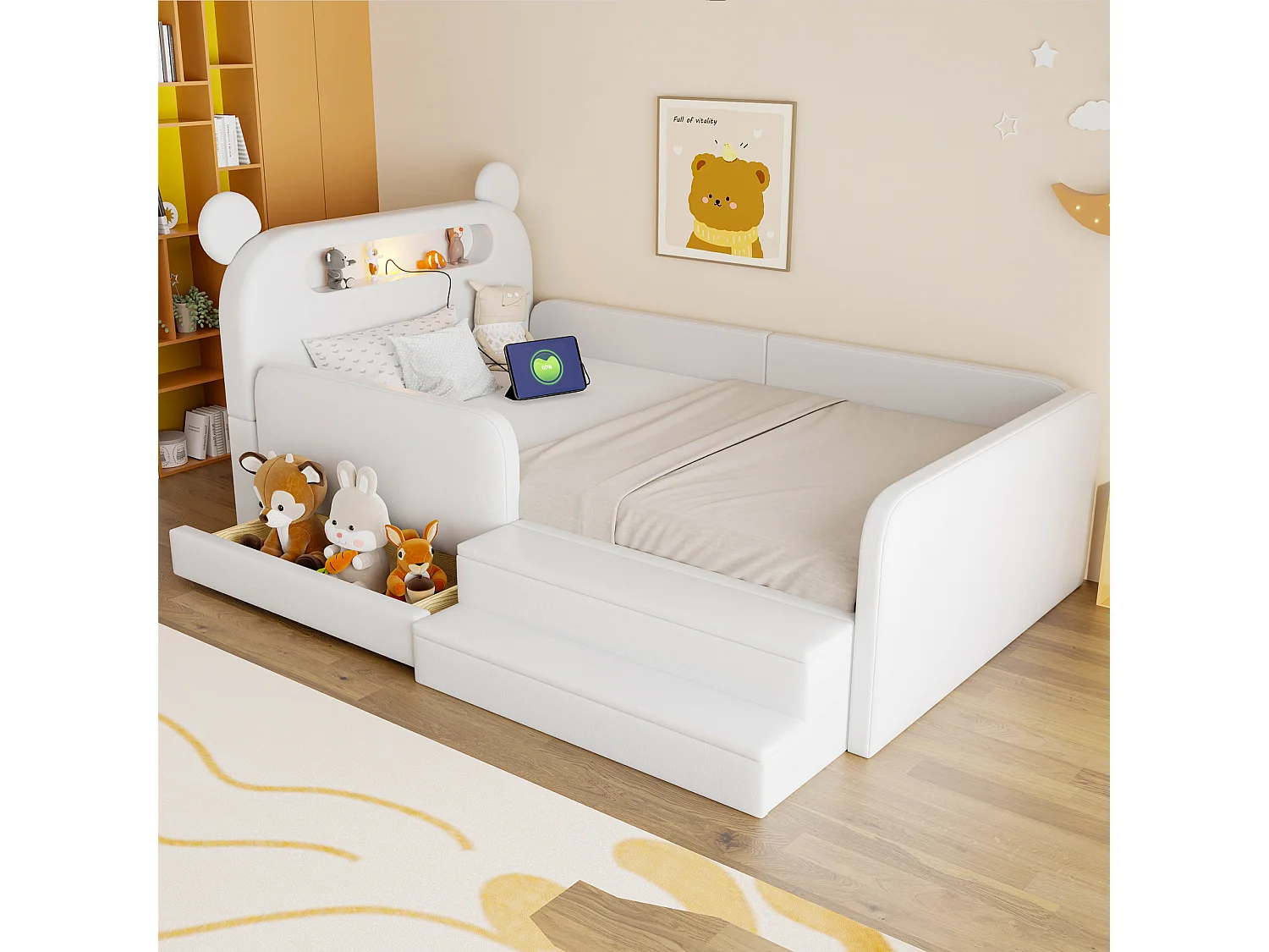 Lit enfant capitonné - 90 x 200 cm - avec tête de lit + veilleuse + USB + tiroir + siège marchepied - faux cuir - blanc