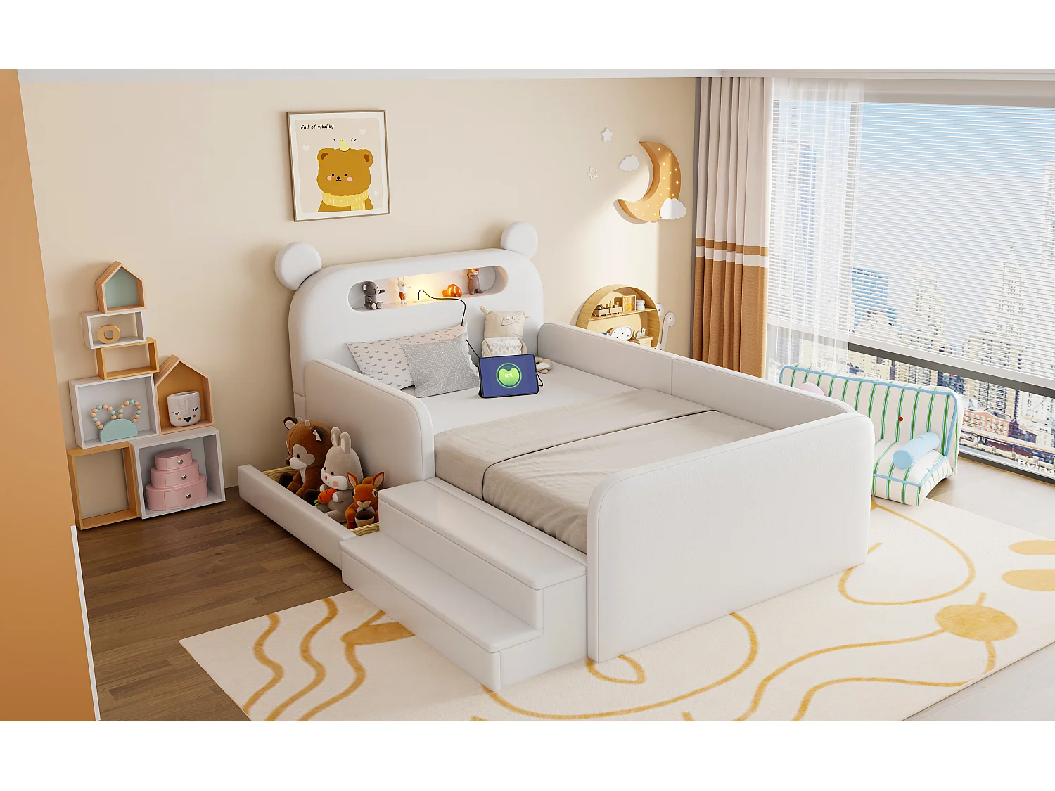 Lit enfant capitonné - 90 x 200 cm - avec tête de lit + veilleuse + USB + tiroir + siège marchepied - faux cuir - blanc