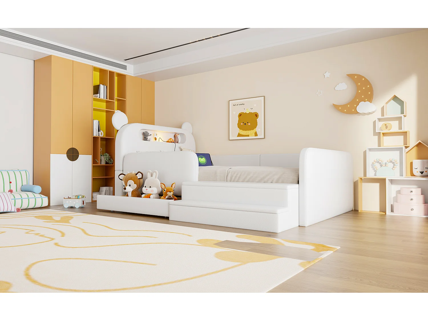 Lit enfant capitonné - 90 x 200 cm - avec tête de lit + veilleuse + USB + tiroir + siège marchepied - faux cuir - blanc