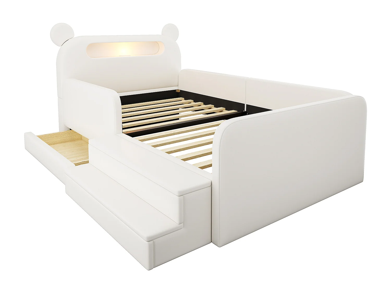 Lit enfant capitonné - 90 x 200 cm - avec tête de lit + veilleuse + USB + tiroir + siège marchepied - faux cuir - blanc