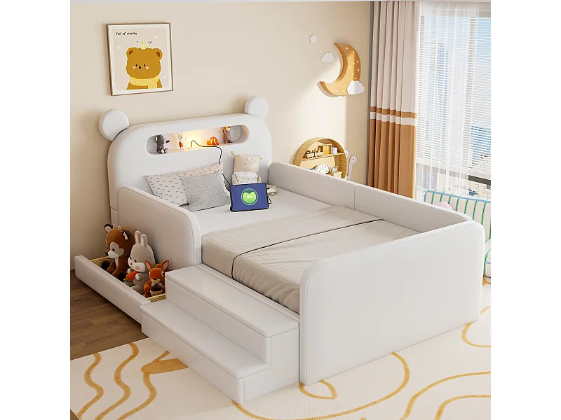 Lit enfant capitonné - 90 x 200 cm - avec tête de lit + veilleuse + USB + tiroir + siège marchepied - faux cuir - blanc