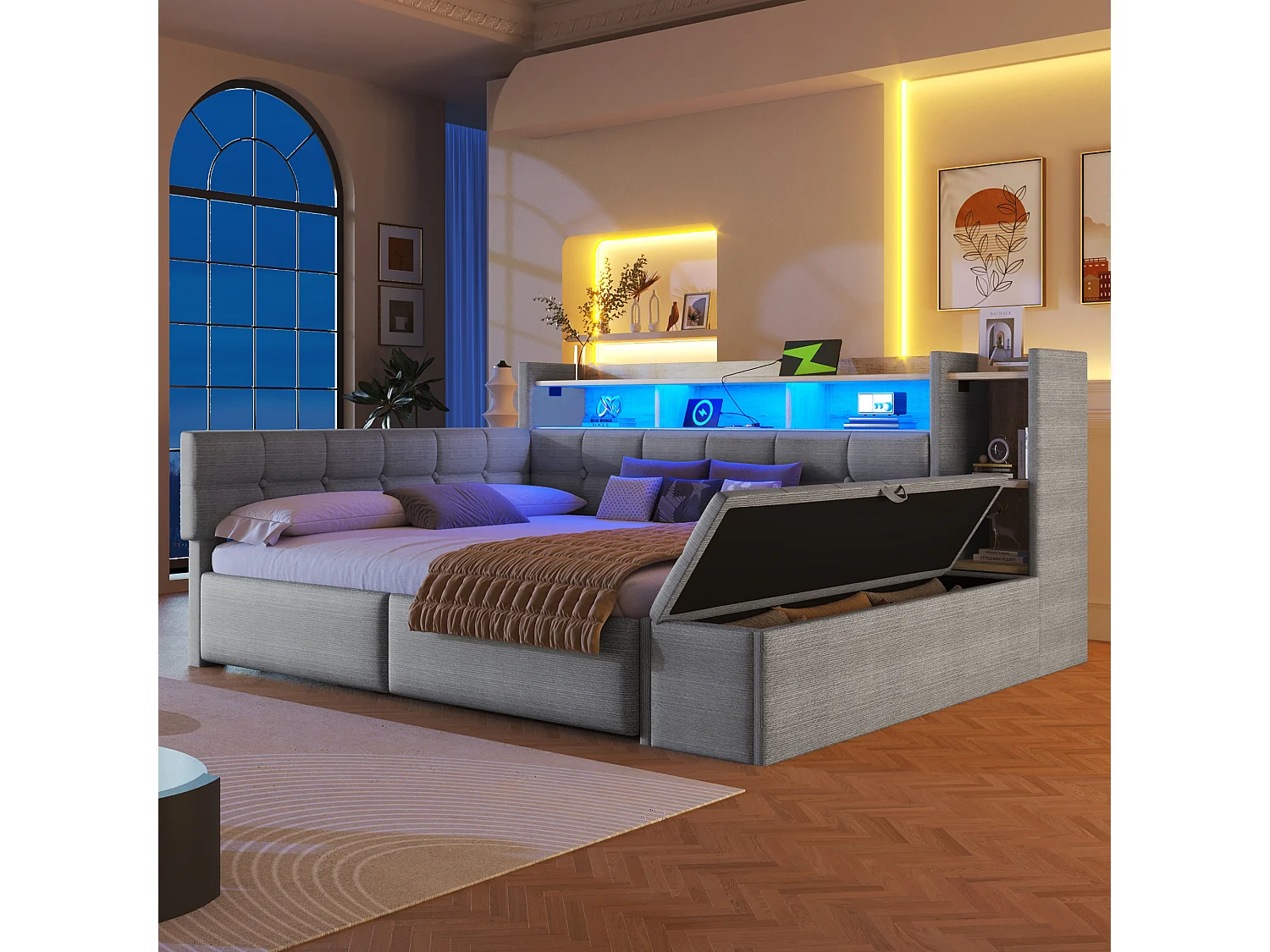Canapé-lit pour enfant - 140 x 190 cm - avec 2 tiroirs + USB et Type-C + étagère + banquette de rangement + Leds - velours - gris clair