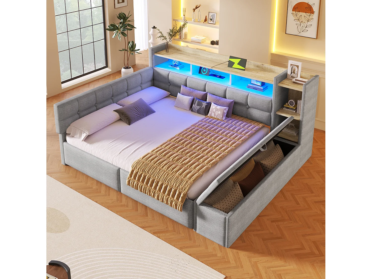 Canapé-lit pour enfant - 140 x 190 cm - avec 2 tiroirs + USB et Type-C + étagère + banquette de rangement + Leds - velours - gris clair