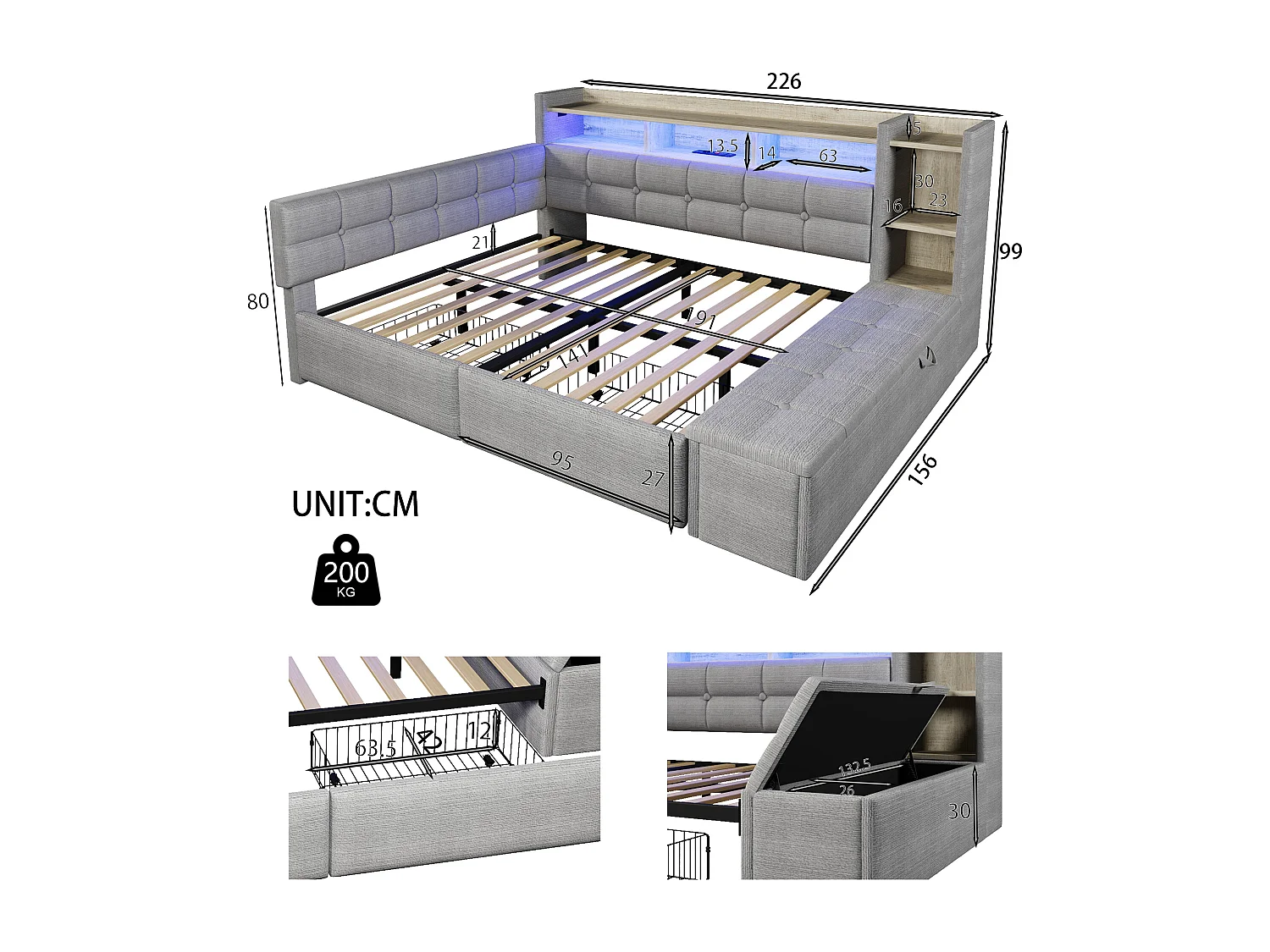 Canapé-lit pour enfant - 140 x 190 cm - avec 2 tiroirs + USB et Type-C + étagère + banquette de rangement + Leds - velours - gris clair