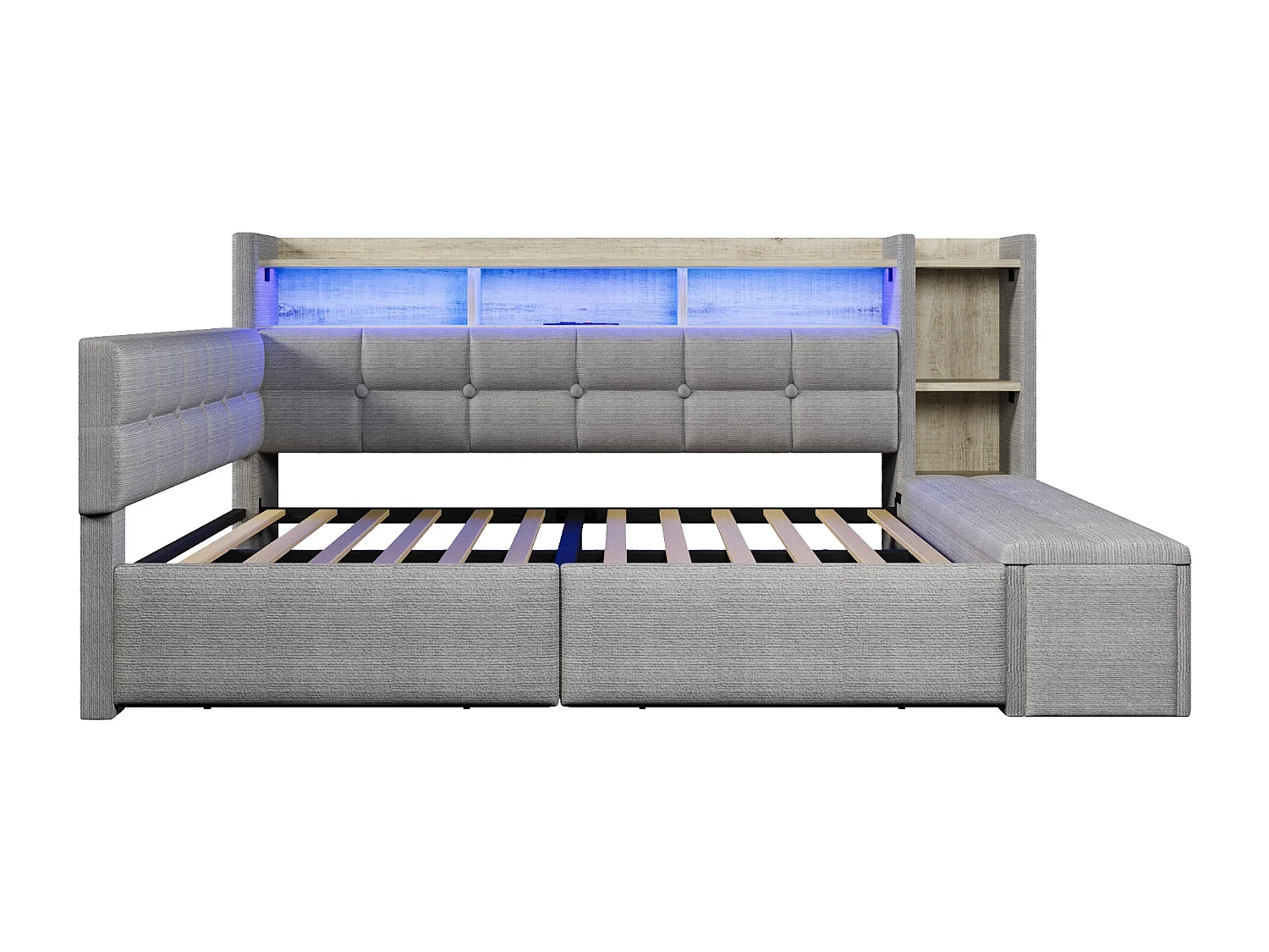 Canapé-lit pour enfant - 140 x 190 cm - avec 2 tiroirs + USB et Type-C + étagère + banquette de rangement + Leds - velours - gris clair