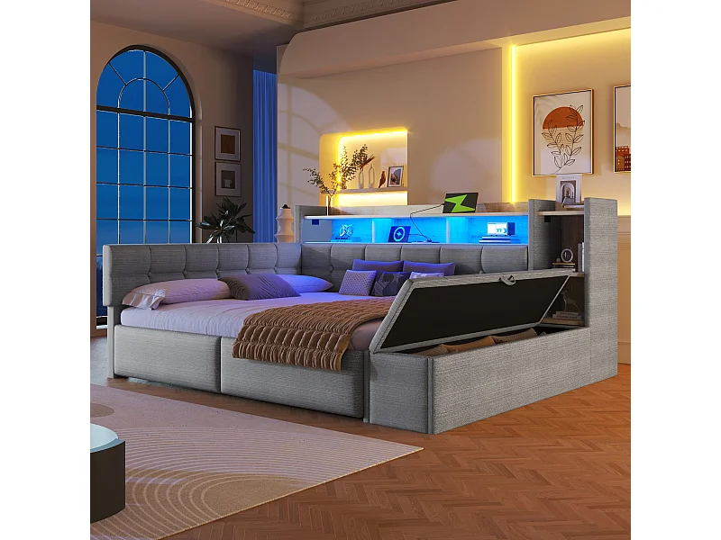 Canapé-lit pour enfant - 140 x 190 cm - avec 2 tiroirs + USB et Type-C + étagère + banquette de rangement + Leds - velours - gris clair