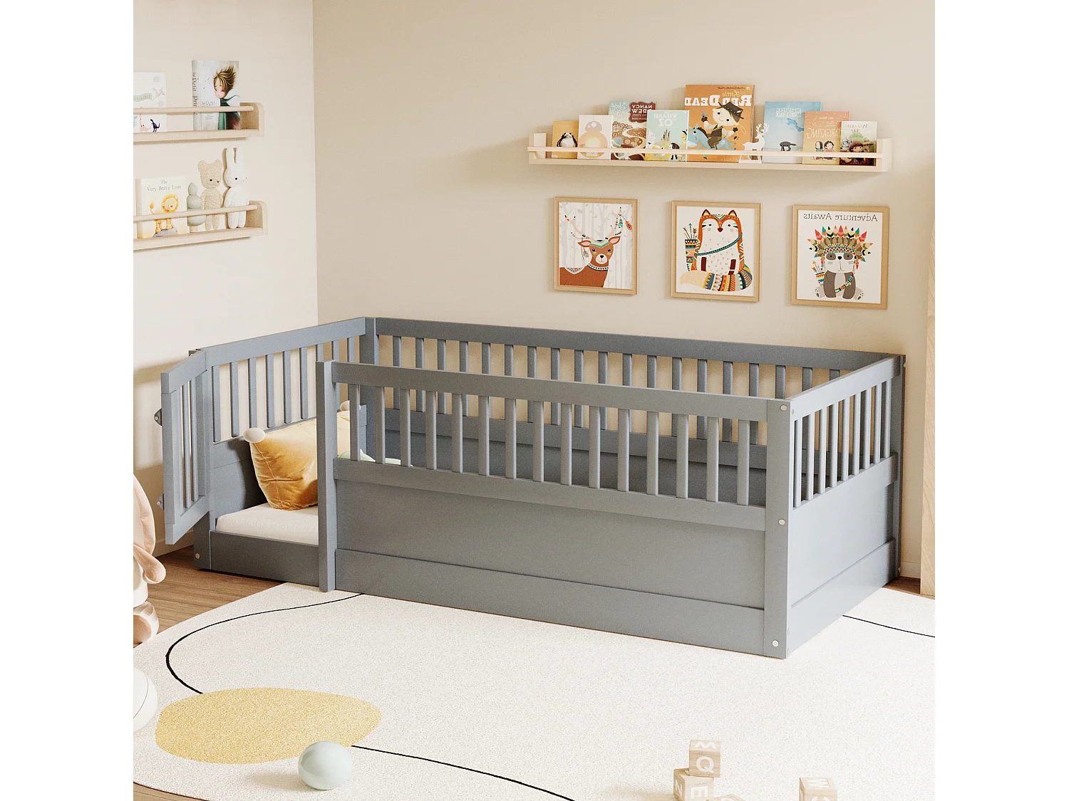 Lit enfant - 90 x 200 cm - sans sommier à latte - avec barreaux et porte - pin + contreplaqué + MDF - gris