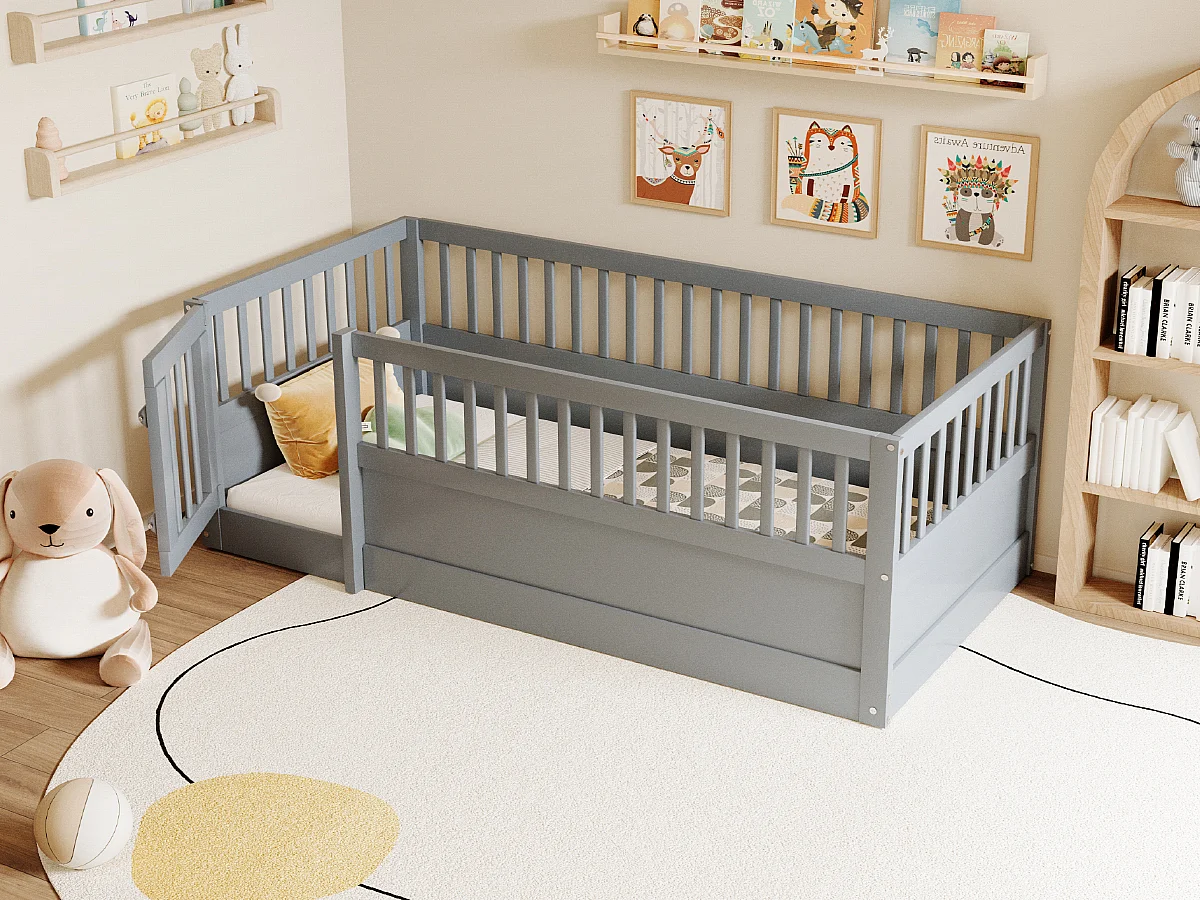 Lit enfant - 90 x 200 cm - sans sommier à latte - avec barreaux et porte - pin + contreplaqué + MDF - gris