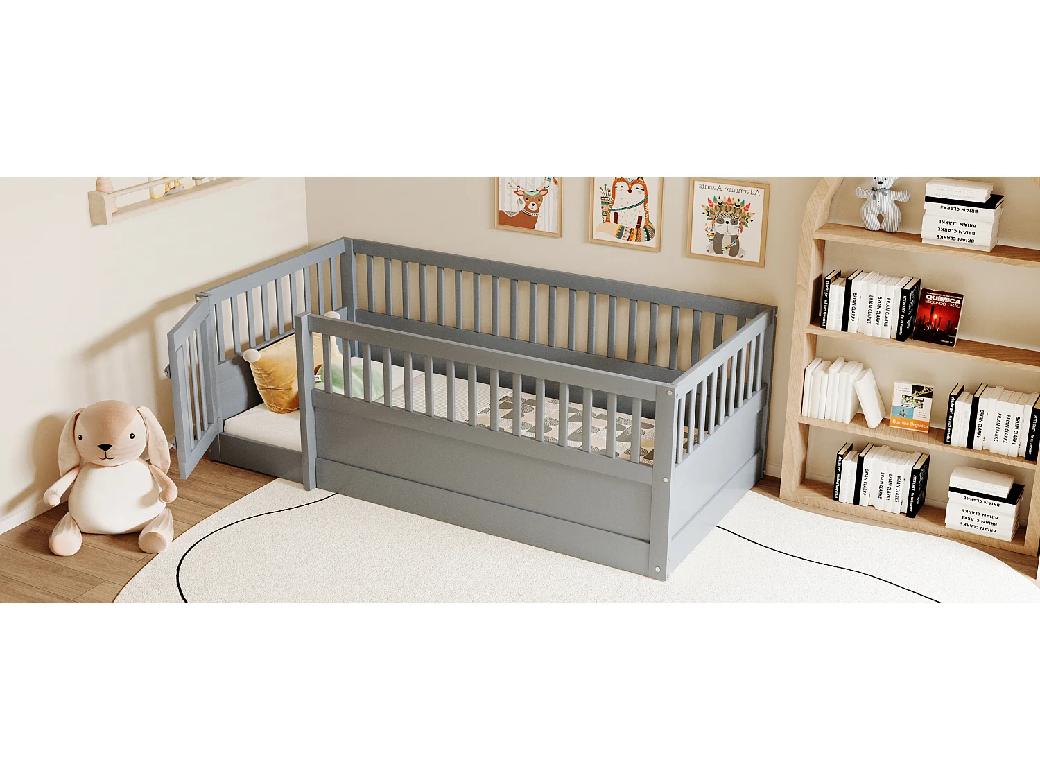 Lit enfant - 90 x 200 cm - sans sommier à latte - avec barreaux et porte - pin + contreplaqué + MDF - gris