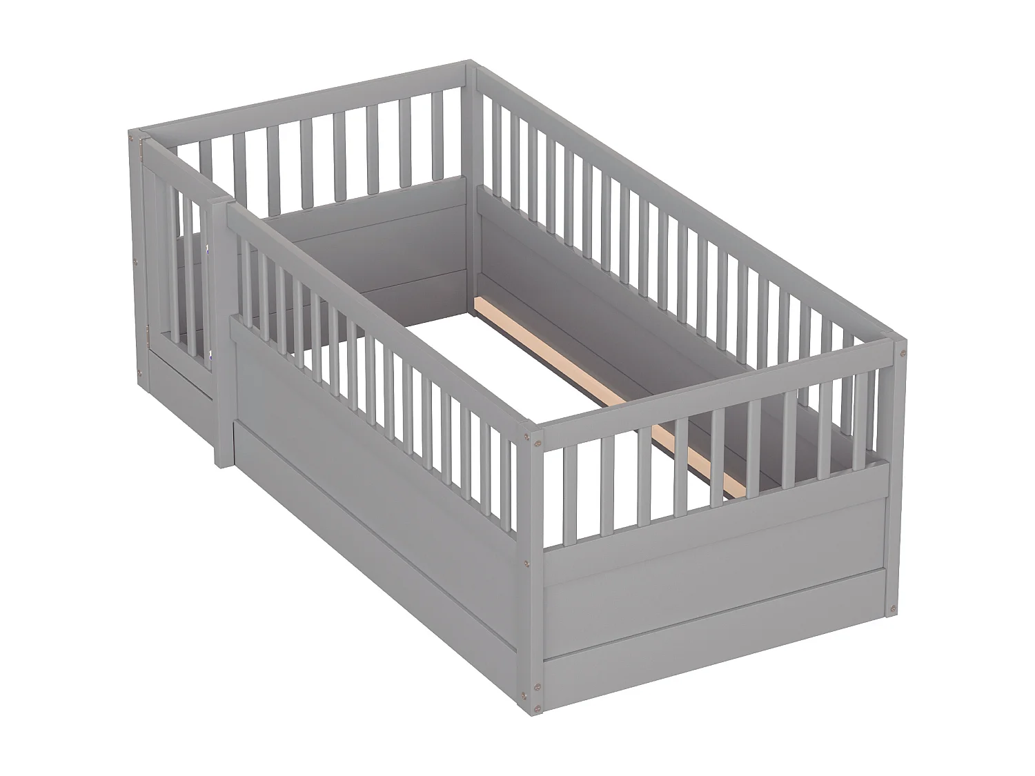 Lit enfant - 90 x 200 cm - sans sommier à latte - avec barreaux et porte - pin + contreplaqué + MDF - gris