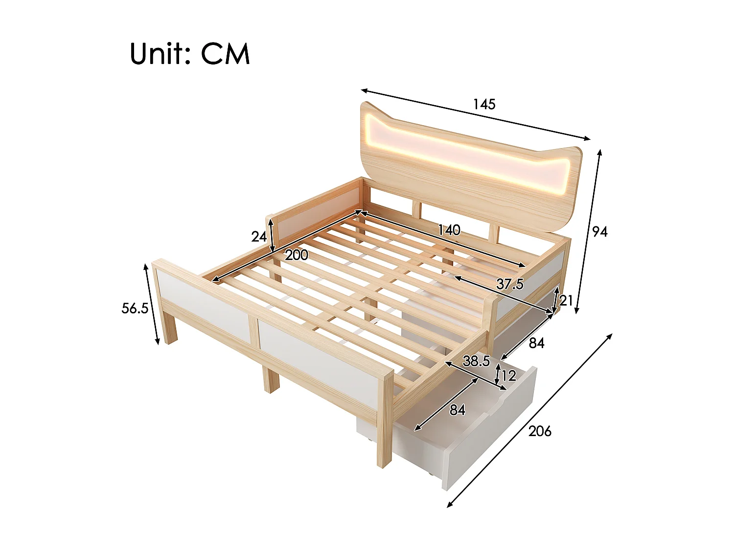 Lit enfant - 140 x 200 cm - avec tête de lit + Leds + tiroir modulable + barrières de sécurité - bois - naturel + blanc