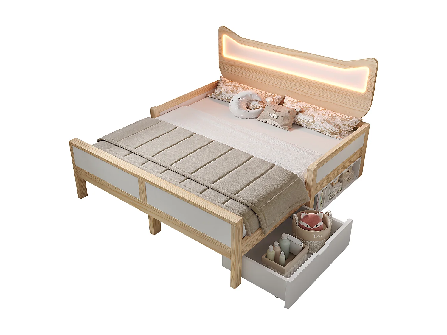 Lit enfant - 140 x 200 cm - avec tête de lit + Leds + tiroir modulable + barrières de sécurité - bois - naturel + blanc