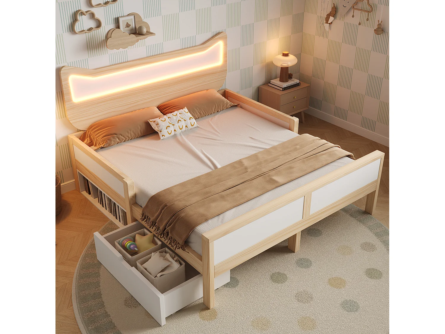 Lit enfant - 140 x 200 cm - avec tête de lit + Leds + tiroir modulable + barrières de sécurité - bois - naturel + blanc