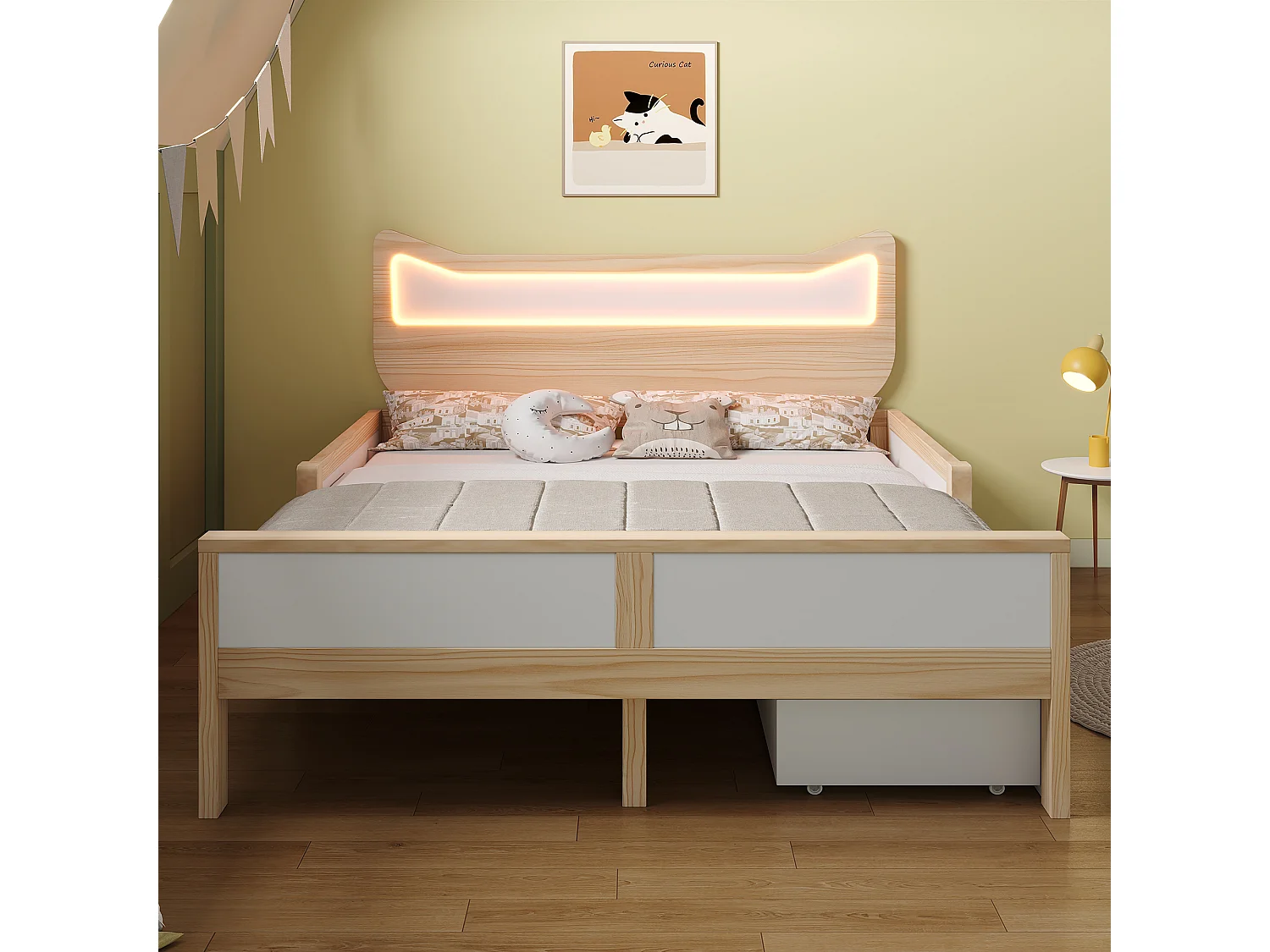 Lit enfant - 140 x 200 cm - avec tête de lit + Leds + tiroir modulable + barrières de sécurité - bois - naturel + blanc