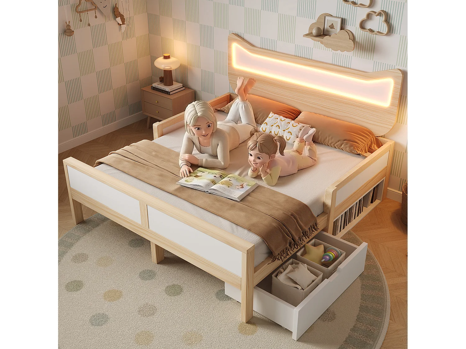 Lit enfant - 140 x 200 cm - avec tête de lit + Leds + tiroir modulable + barrières de sécurité - bois - naturel + blanc