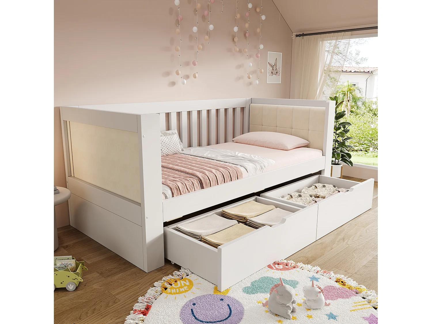 Canapé-lit en bois - 90 x 190 cm - avec 2 tiroirs + accoudoirs et dossier - blanc