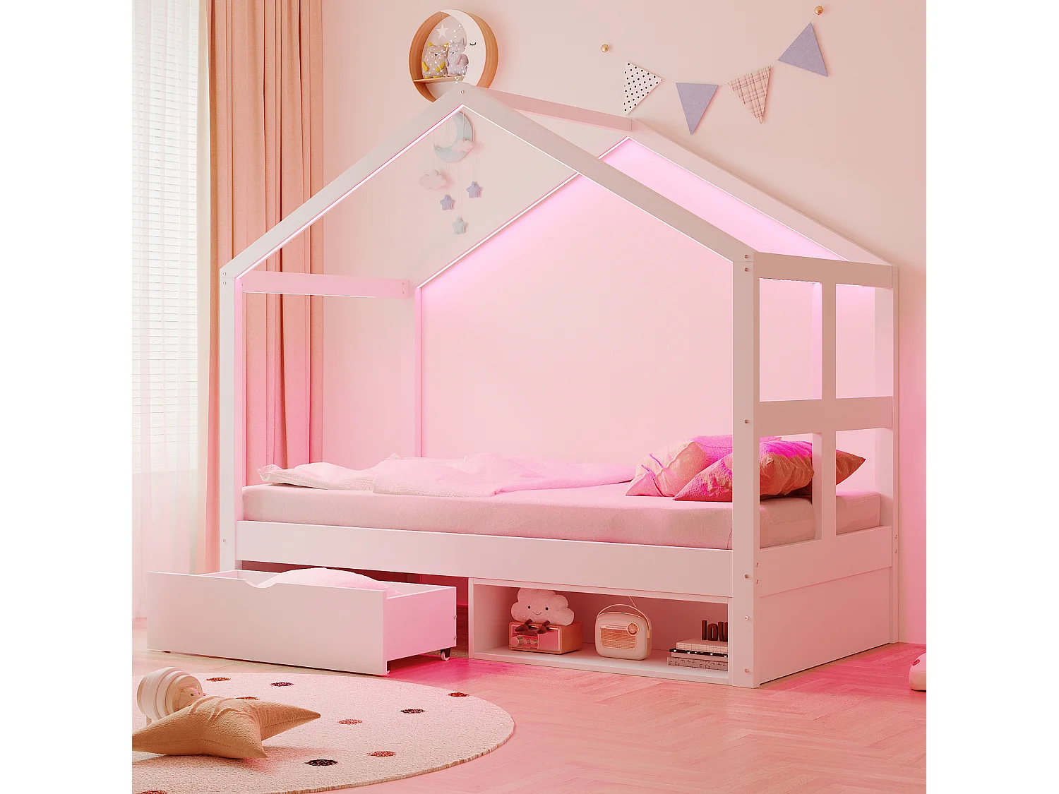 Lit en bois pour enfant - 90 x 190 cm - avec tiroirs + petit meuble à chaussures + Leds - en forme de maison - blanc