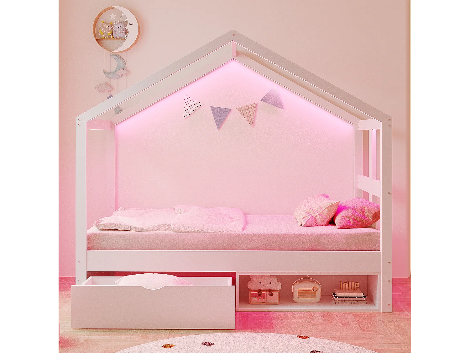 Lit en bois pour enfant - 90 x 190 cm - avec tiroirs + petit meuble à chaussures + Leds - en forme de maison - blanc