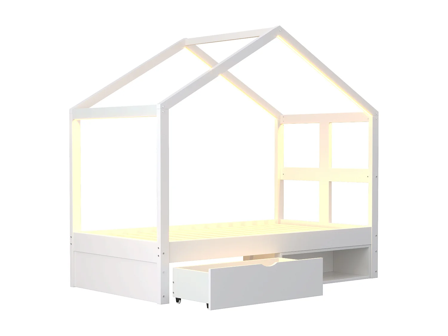Lit en bois pour enfant - 90 x 190 cm - avec tiroirs + petit meuble à chaussures + Leds - en forme de maison - blanc