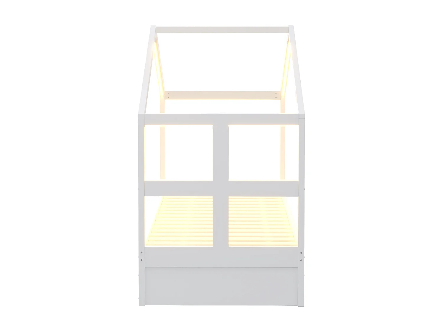 Lit en bois pour enfant - 90 x 190 cm - avec tiroirs + petit meuble à chaussures + Leds - en forme de maison - blanc