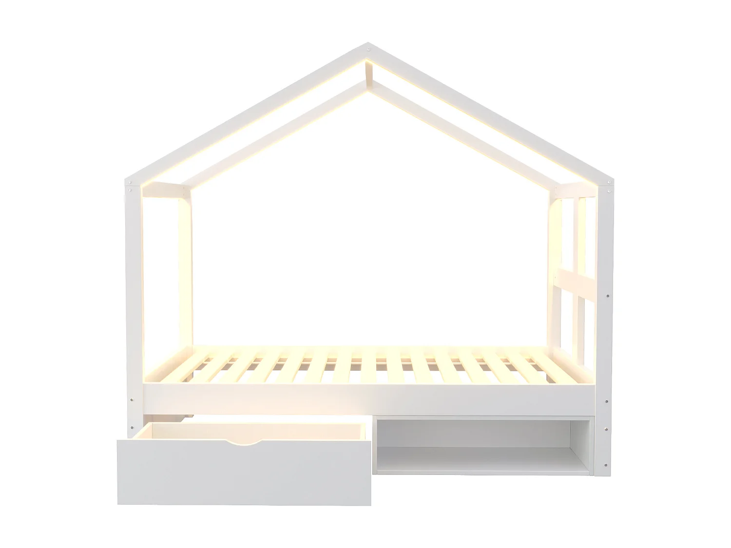 Lit en bois pour enfant - 90 x 190 cm - avec tiroirs + petit meuble à chaussures + Leds - en forme de maison - blanc