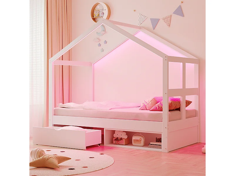 Lit en bois pour enfant - 90 x 190 cm - avec tiroirs + petit meuble à chaussures + Leds - en forme de maison - blanc