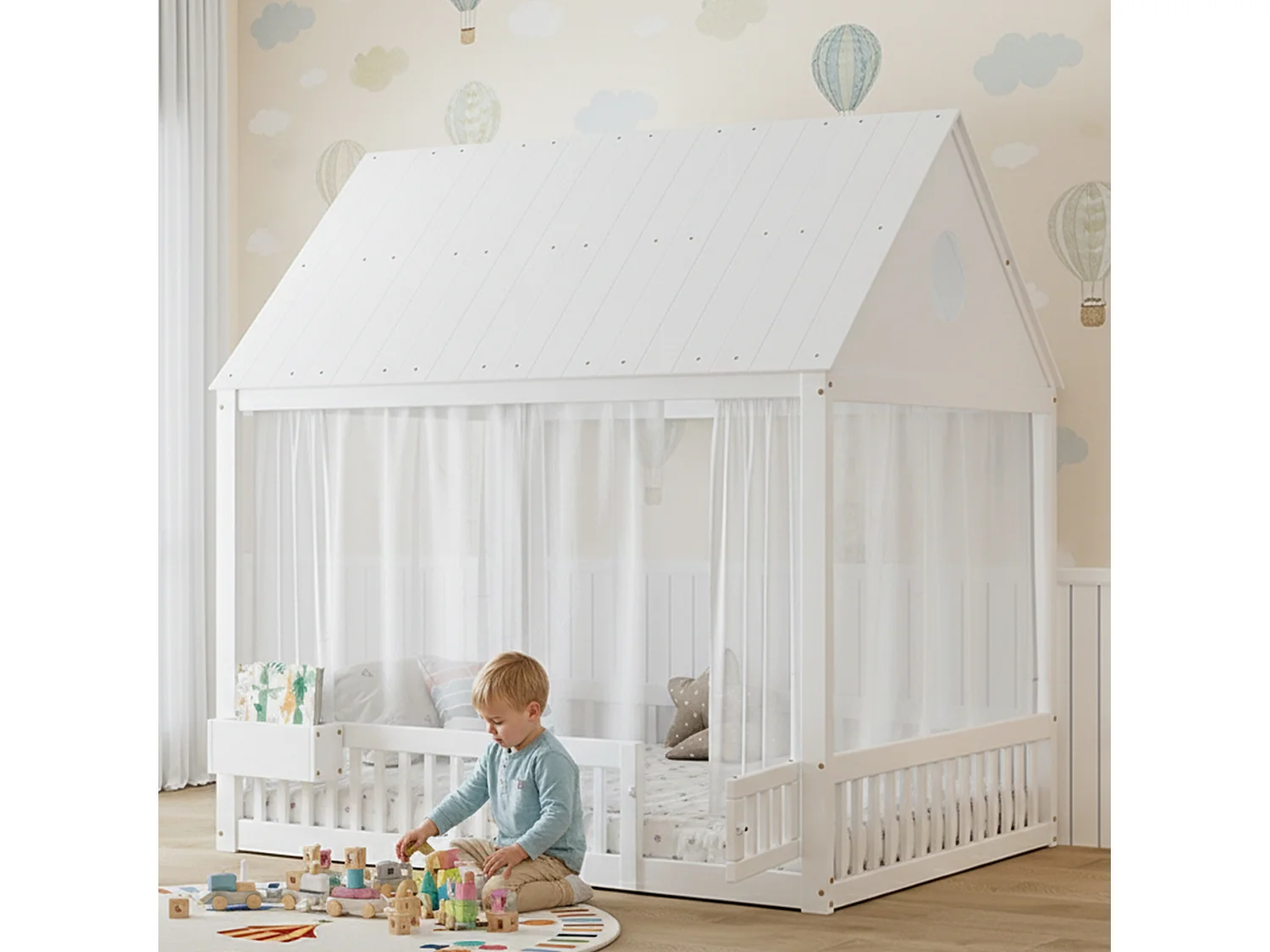 Lit simple pour enfant - 140 x 200 cm - avec toit + rideaux décoratifs + petit rangement - pin + MDF - blanc