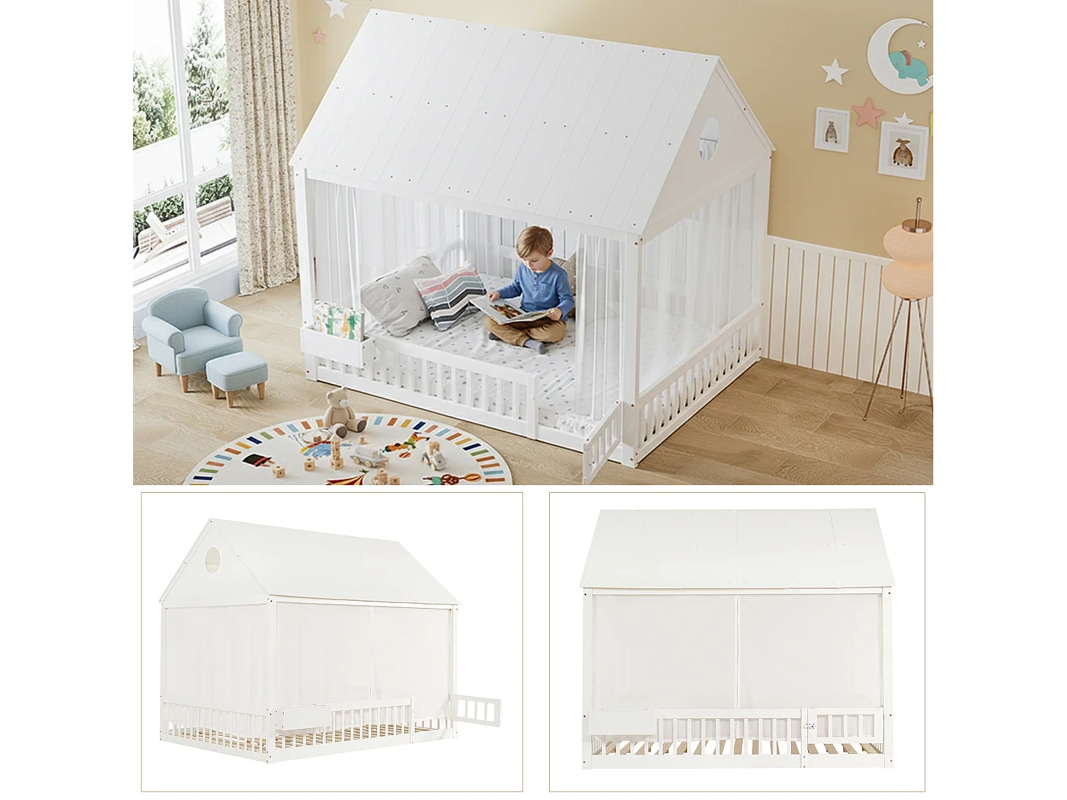 Lit simple pour enfant - 140 x 200 cm - avec toit + rideaux décoratifs + petit rangement - pin + MDF - blanc