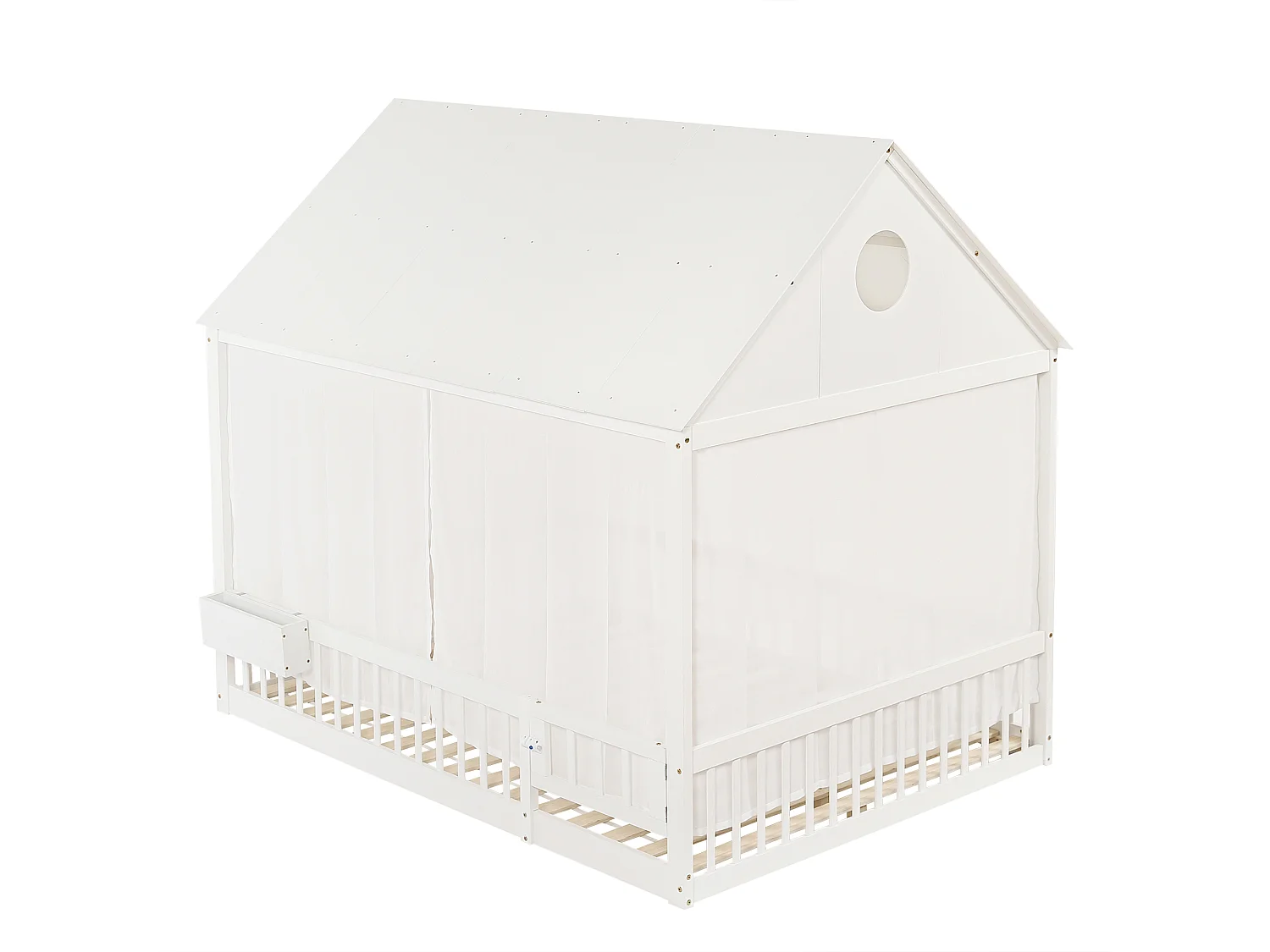 Lit simple pour enfant - 140 x 200 cm - avec toit + rideaux décoratifs + petit rangement - pin + MDF - blanc