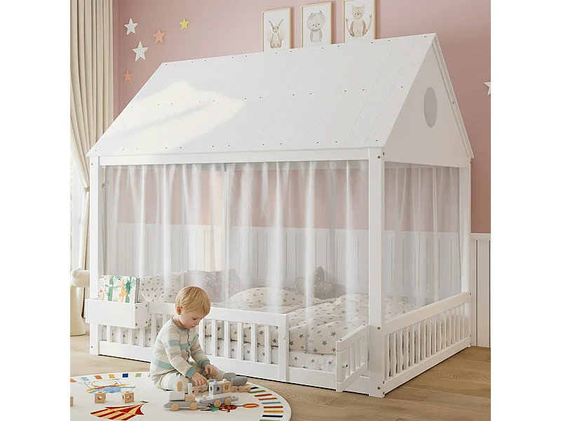 Lit simple pour enfant - 140 x 200 cm - avec toit + rideaux décoratifs + petit rangement - pin + MDF - blanc